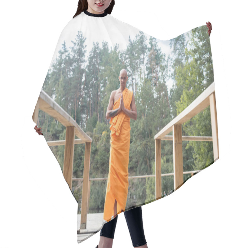 Personality  Full Length View Of Buddhist Monk Praying On Wooden Platform In Forest Hair Cutting Cape