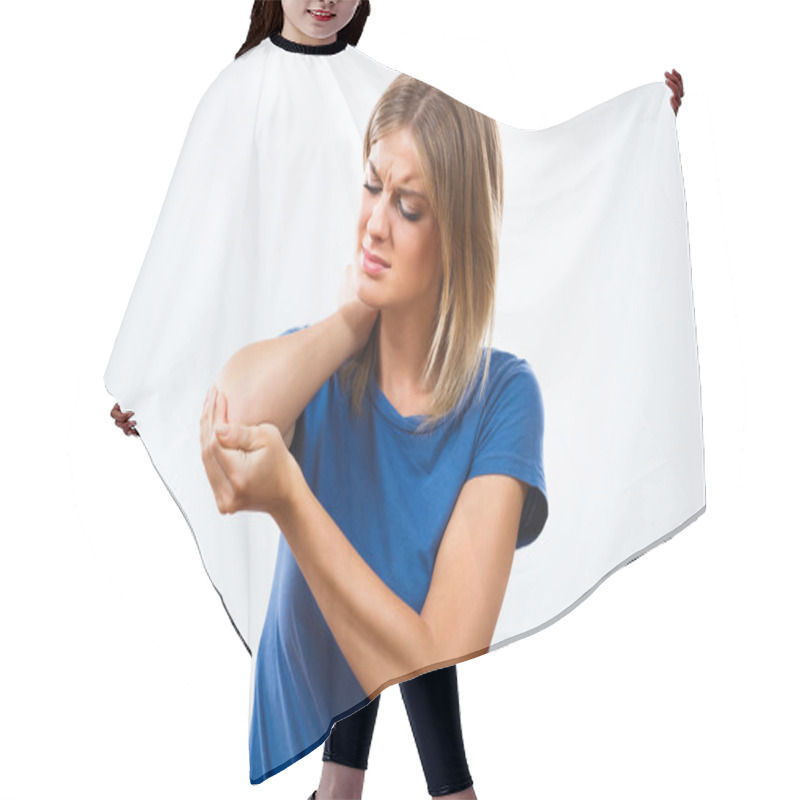 Personality  Young Woman Having Elbow Pain Hair Cutting Cape