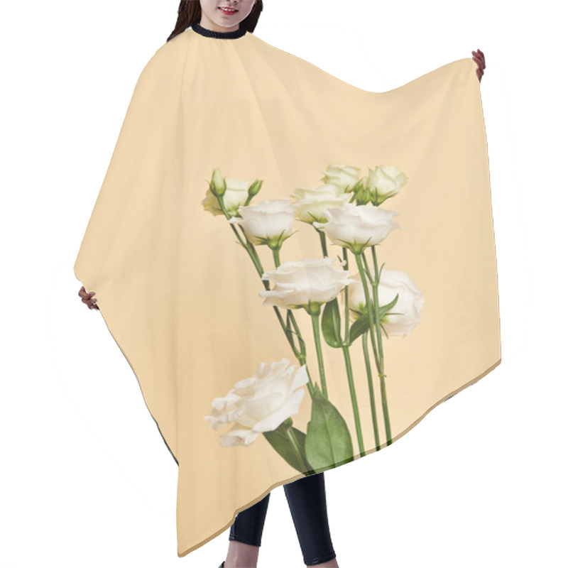 Personality  Object Photo Of Beautiful Blossoming White Eustoma Flowers On Pastel Yellow Background, Nobody Hair Cutting Cape