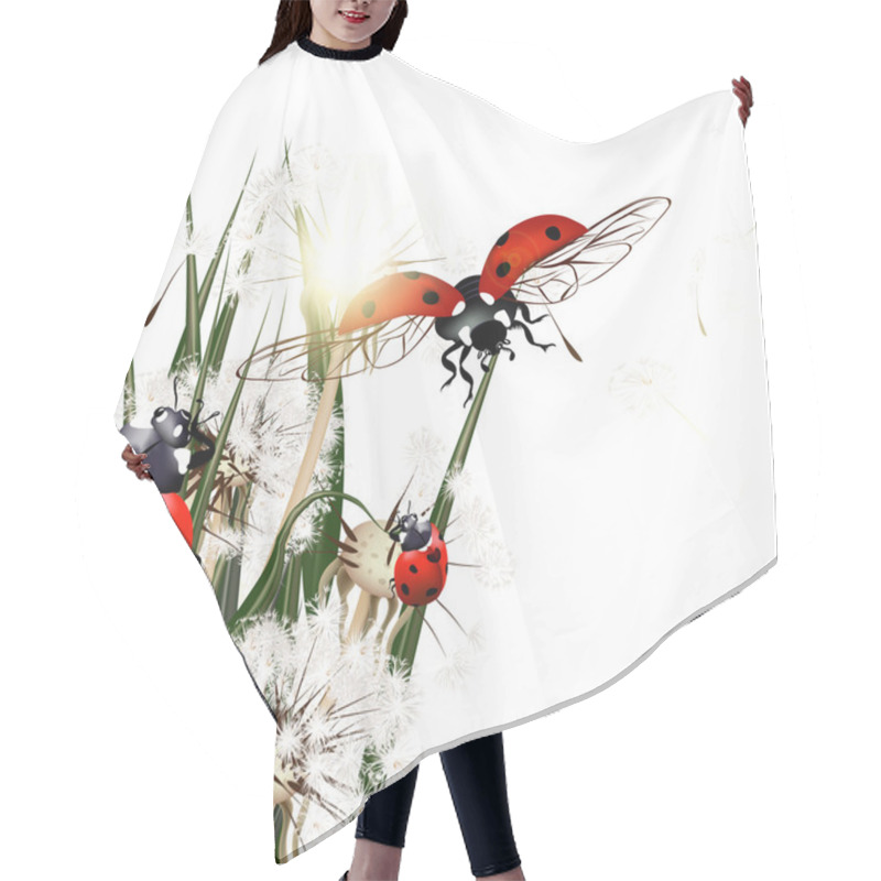 Personality  Background With Vector Green Grass, Dandelions And Ladybirds Hair Cutting Cape