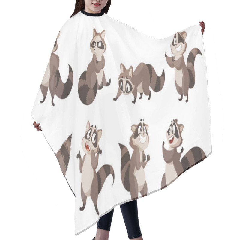 Personality  Cute Raccoon. Cartoon Wild Forest Animal With Tail And Paws Standing In Funny Poses. Zoological Collection. Fluffy Mascot With Various Emotion Expressions. Vector Woodland Creatures Set Hair Cutting Cape