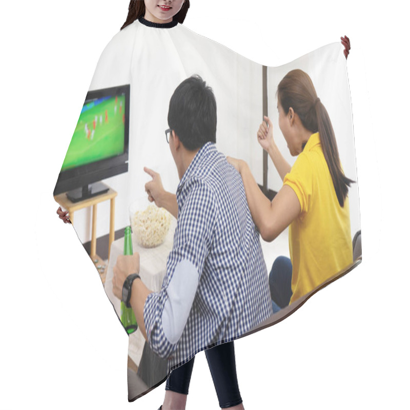 Personality  Man And Woman Watch Football Match On Tv Broadcast Program Cheer And Existing Together In Family Hair Cutting Cape