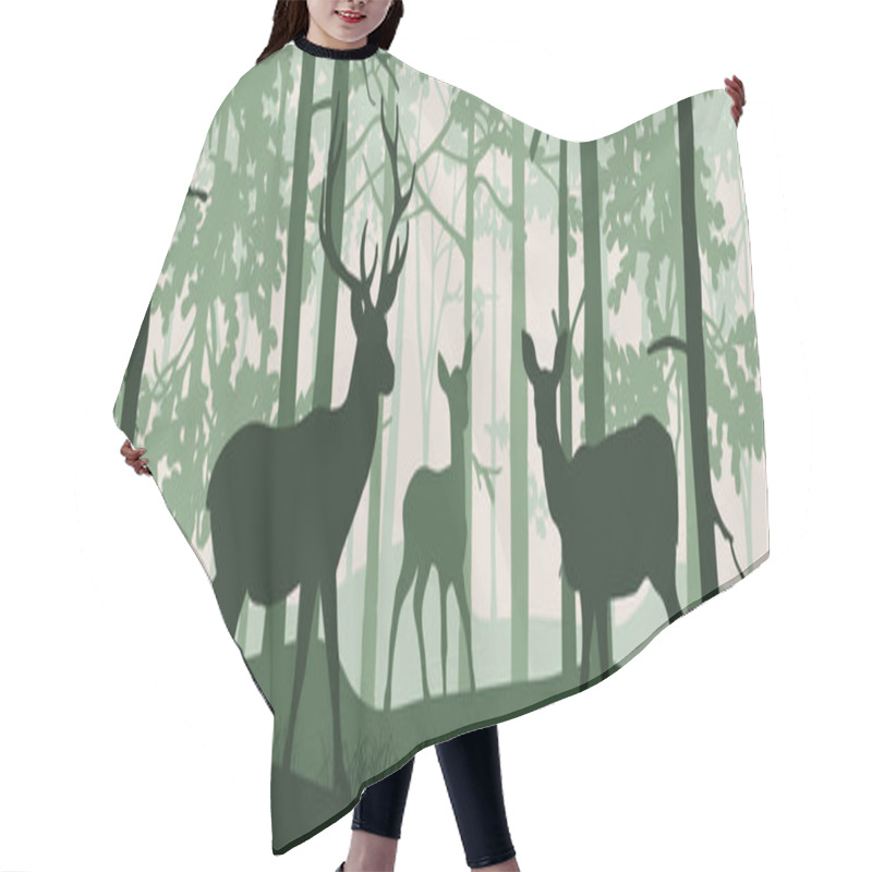 Personality  Horizontal Banner Of Forest Landscape. Deer With Doe And Fawn In Magic Misty Forest. Squirrel On Branch. Silhouettes Of Trees And Animals. Green Background, Illustration. Bookmark. Hair Cutting Cape