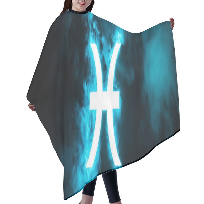 Personality  Blue Illuminated Pisces Zodiac Sign With Smoke On Background, Panoramic Shot Hair Cutting Cape