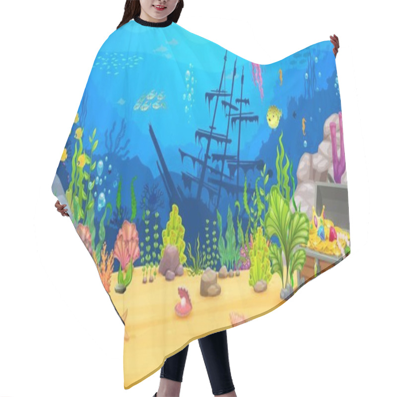 Personality  Cartoon Underwater Game Landscape. Sea Level With Seaweeds, Silhouette Of Ship, Treasure Chest, Animals And Fish. Ocean Deep Wildlife Background, Sea Animals, Algae, Sunken Caravel Vector Background Hair Cutting Cape