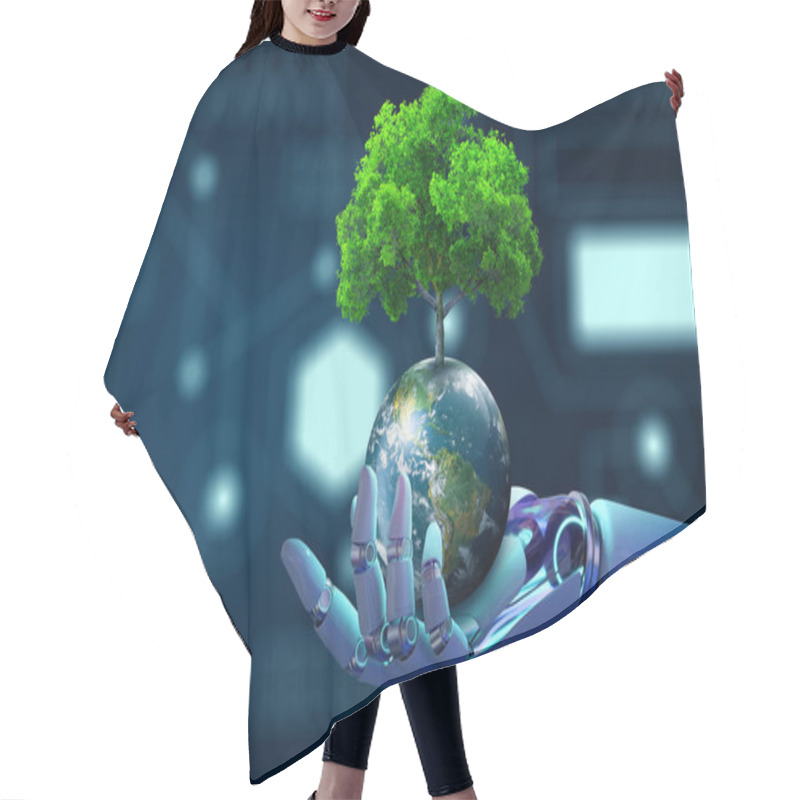 Personality  Robot Hand Holding Tree On Earth With Technological Convergence Blue Background.Green Computing, Csr, IT Ethics, Nature Technology Interaction, And Environmental Friendly. Elements Furnished By NASA. Hair Cutting Cape