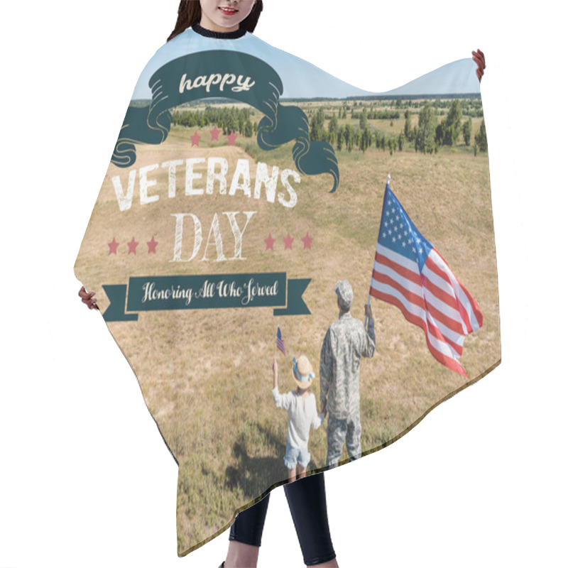 Personality  Military Man And Patriotic Kid Holding American Flags With Happy Veterans Day, Honoring All Who Served Illustration Hair Cutting Cape