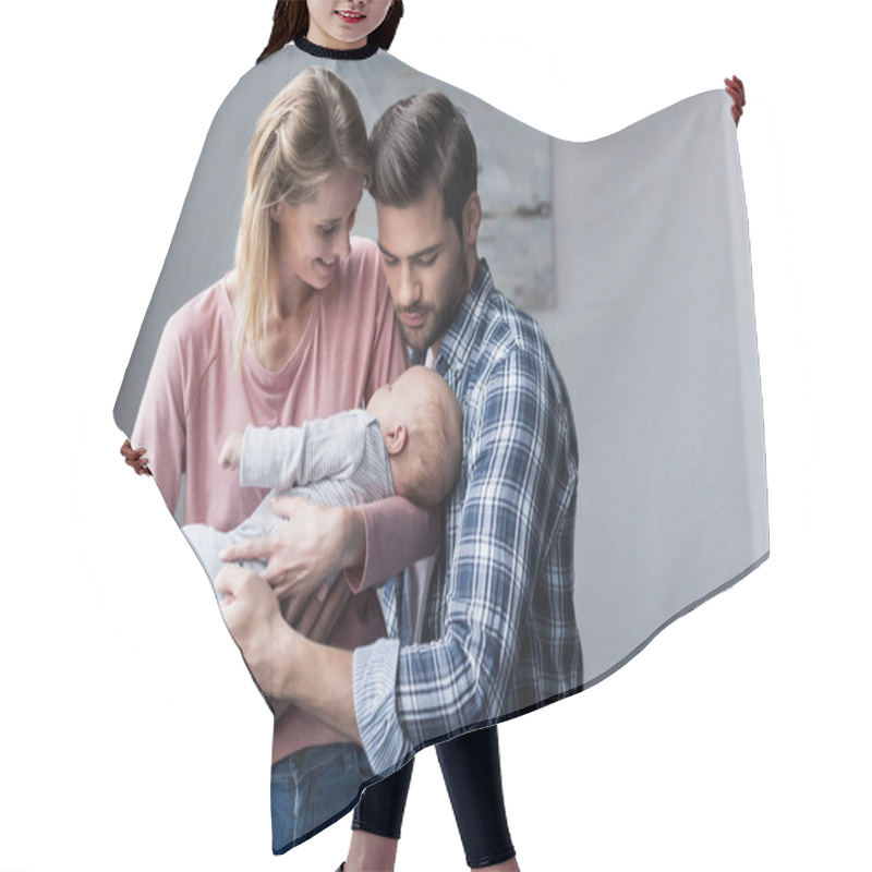 Personality  Parents With Baby Boy Hair Cutting Cape