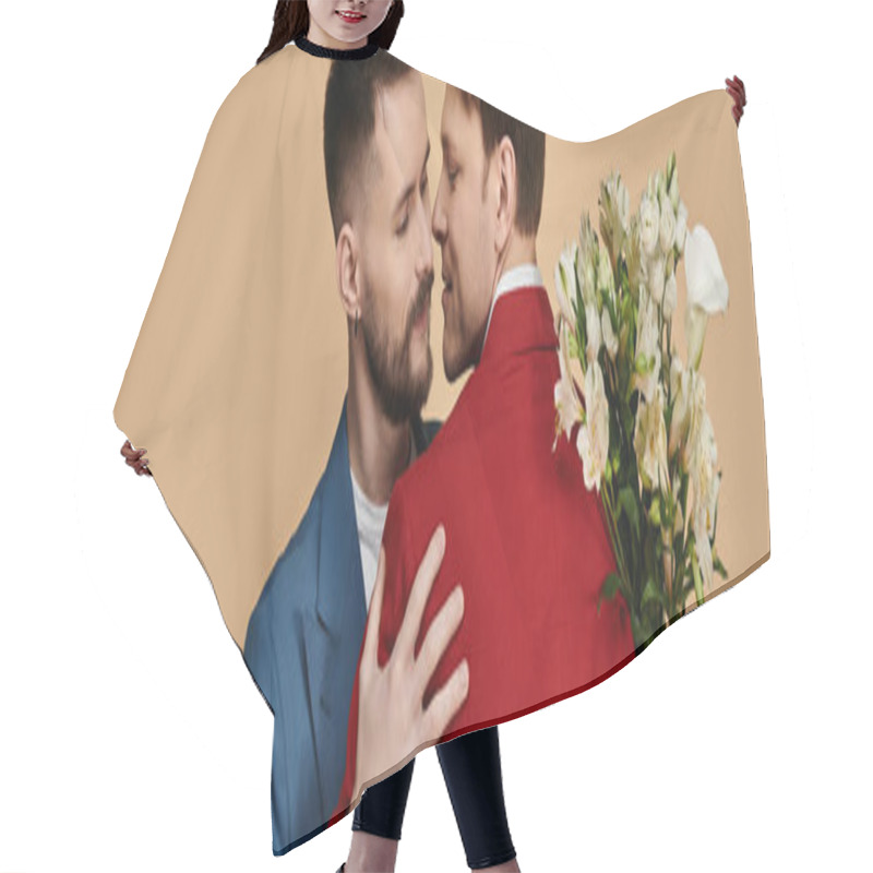 Personality  Two Men In Elegant Suits Embrace, One Holding A Bouquet Of Flowers. Hair Cutting Cape