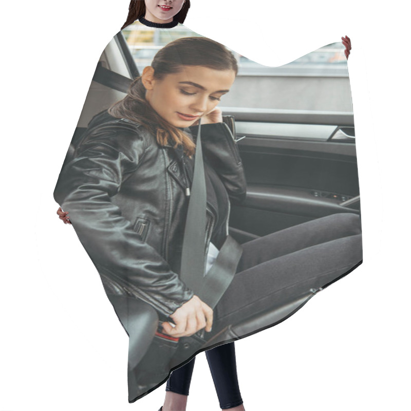 Personality  Young Woman Fasting Safety Belt In Car Hair Cutting Cape