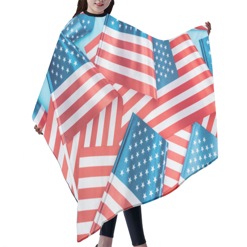 Personality  Top View Of National American Flags On Sticks Scattered On Blue Background Hair Cutting Cape