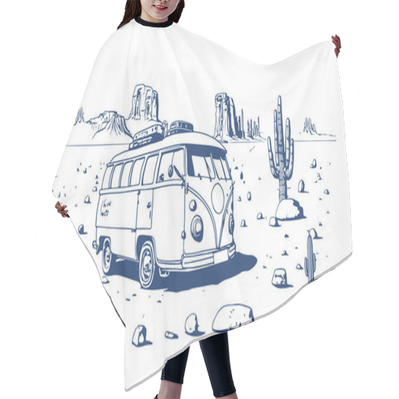 Personality  Retro Hippie VAN Near Near A Desert Landscape With Cactus. Vector Line Sketch Illustration. Hair Cutting Cape