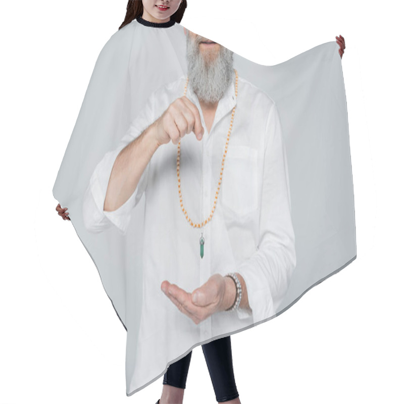 Personality  Partial View Of Bearded Spiritual Guru Holding Dowsing Pendulum Isolated On Grey Hair Cutting Cape