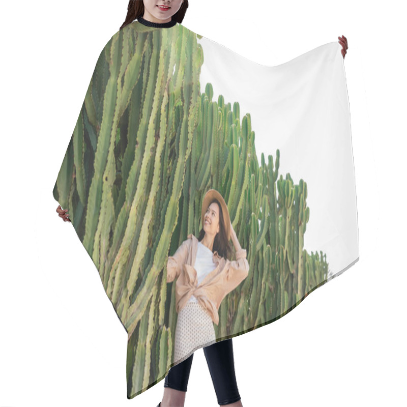 Personality  Happy Woman In Straw Hat Looking At Giant Cactuses In Park Hair Cutting Cape