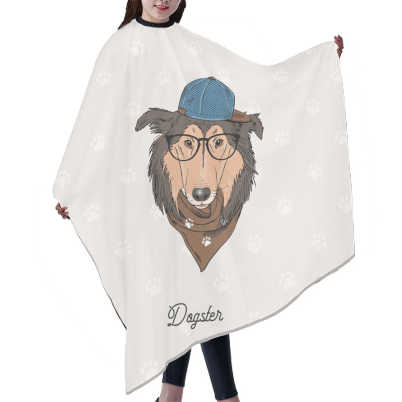 Personality  Collie Dog Portrait In Bandana And Cap Hair Cutting Cape