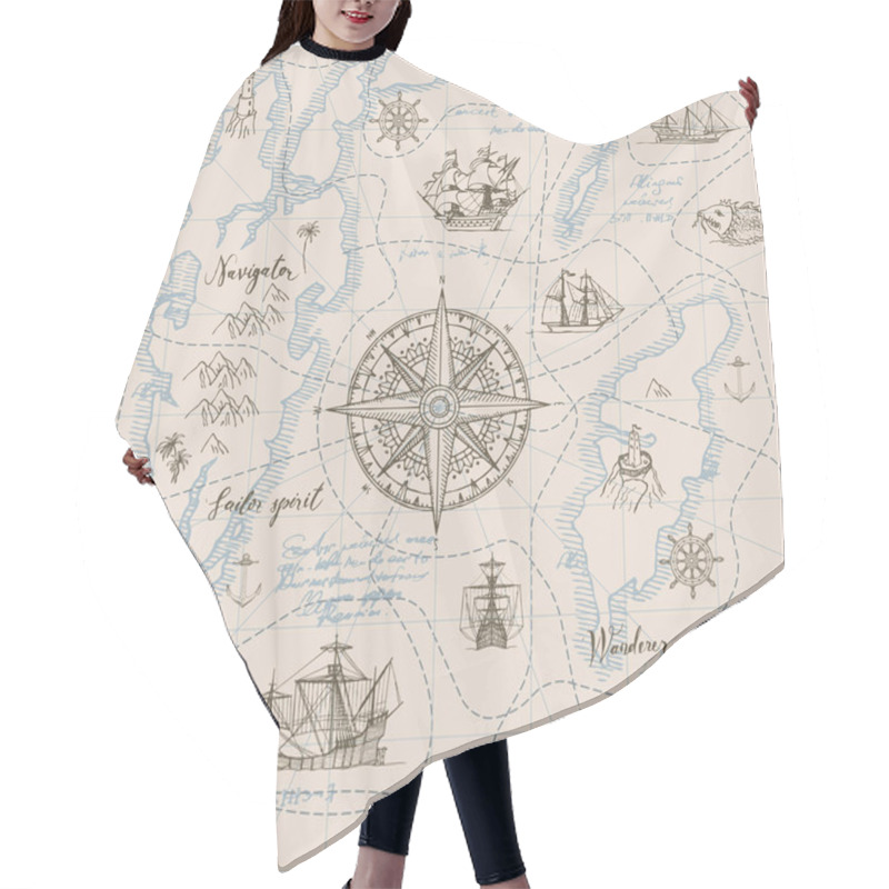 Personality  Vector Abstract Seamless Background On The Theme Of Travel, Adventure And Discovery. Old Hand Drawn Map With Vintage Sailing Yachts, Wind Rose, Routs, Nautical Symbols And Handwritten Inscriptions Hair Cutting Cape