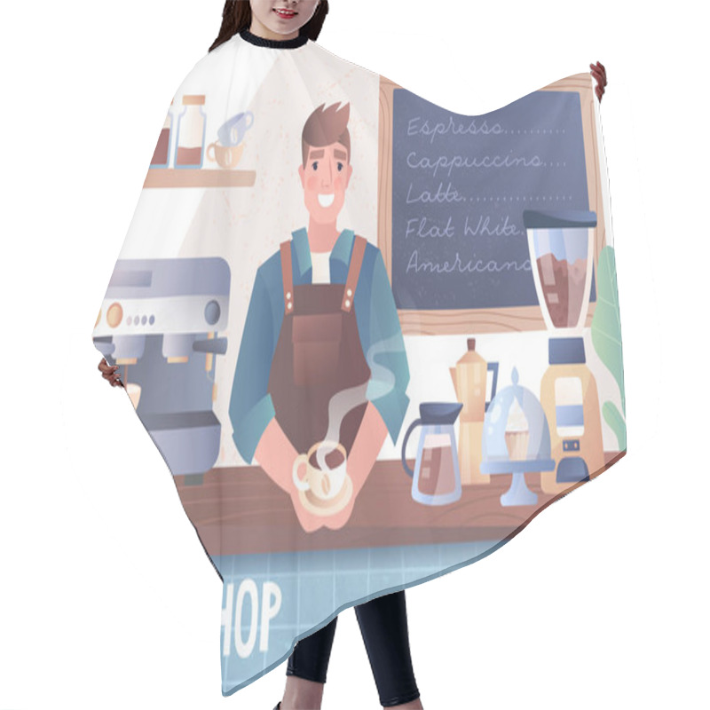 Personality  Happy Smiling Barista In A Coffee Shop Hair Cutting Cape