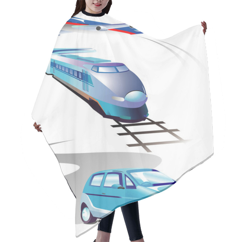 Personality  Set Of Vehicles: Plane, Car, Train. Over White. Hair Cutting Cape