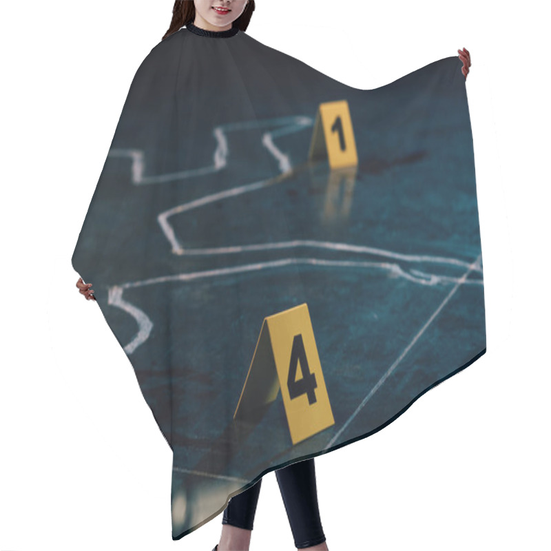 Personality  Selective Focus Of Chalk Outline And Evidence Markers At Crime Scene Hair Cutting Cape