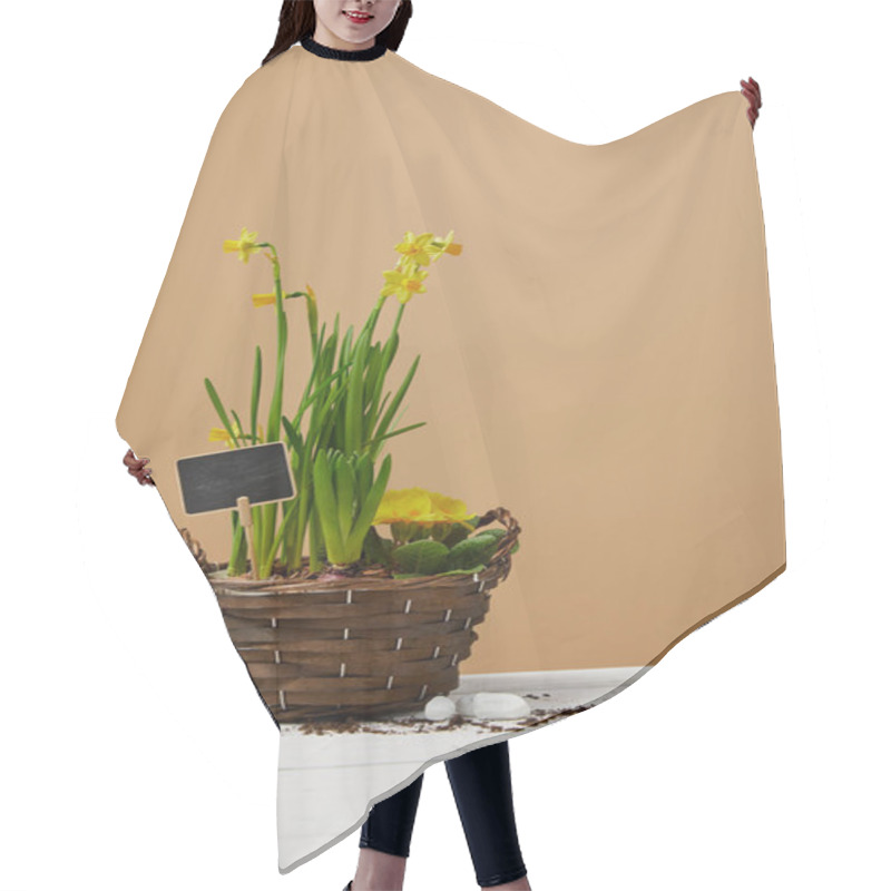 Personality  Yellow Daffodils In Braided Flowerpot On White Table  Hair Cutting Cape