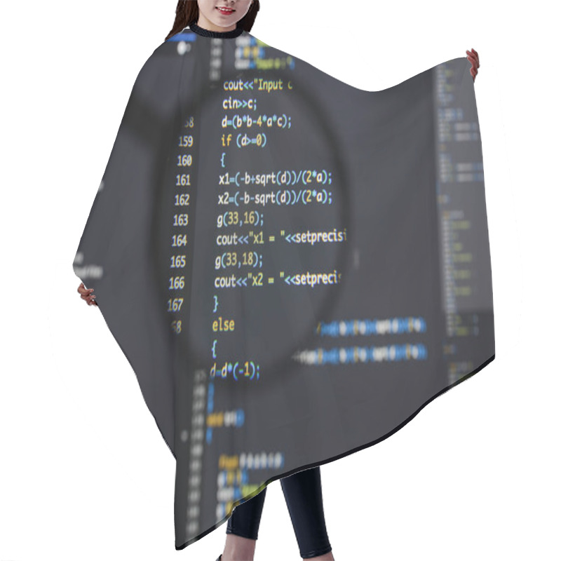 Personality  Real C / C++ Code Developing Screen. Programing Workflow Abstrac Hair Cutting Cape