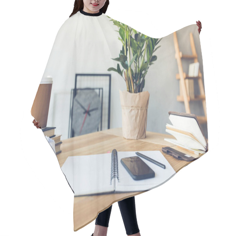 Personality  Design Of Workplace In Home Office With Modern Equipment And Objects Hair Cutting Cape