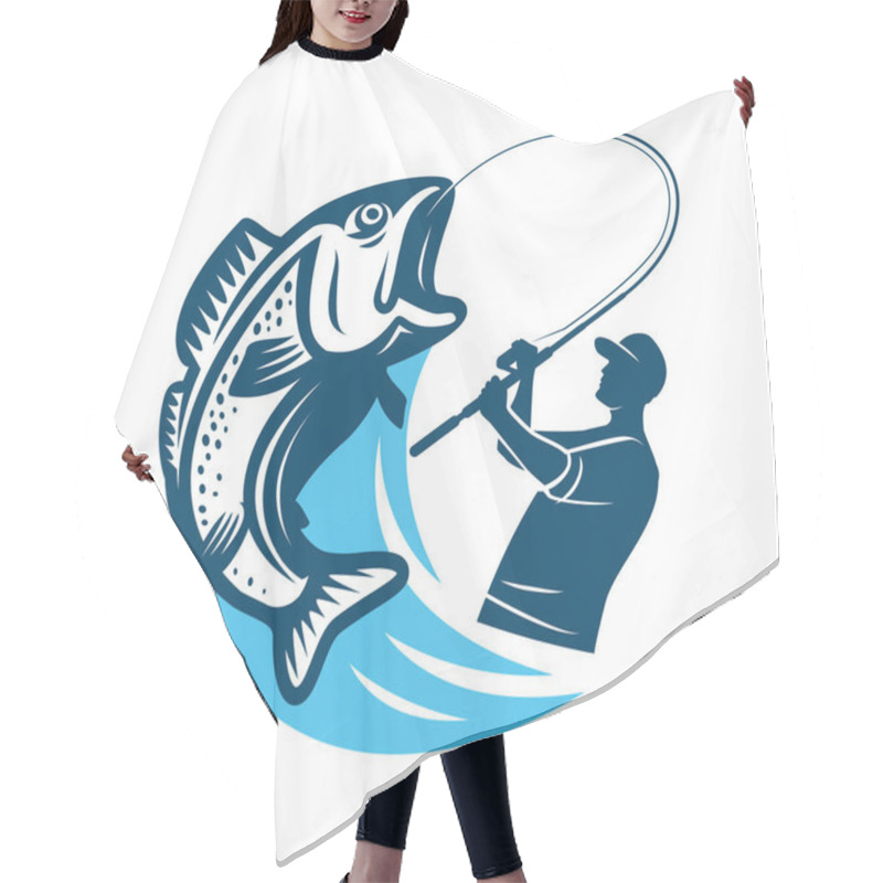 Personality  Fisherman Catching Big Fish Emblem. Sport Fishing, Outdoor Activities Logo Or Badge. Vector Illustration Symbol Hair Cutting Cape