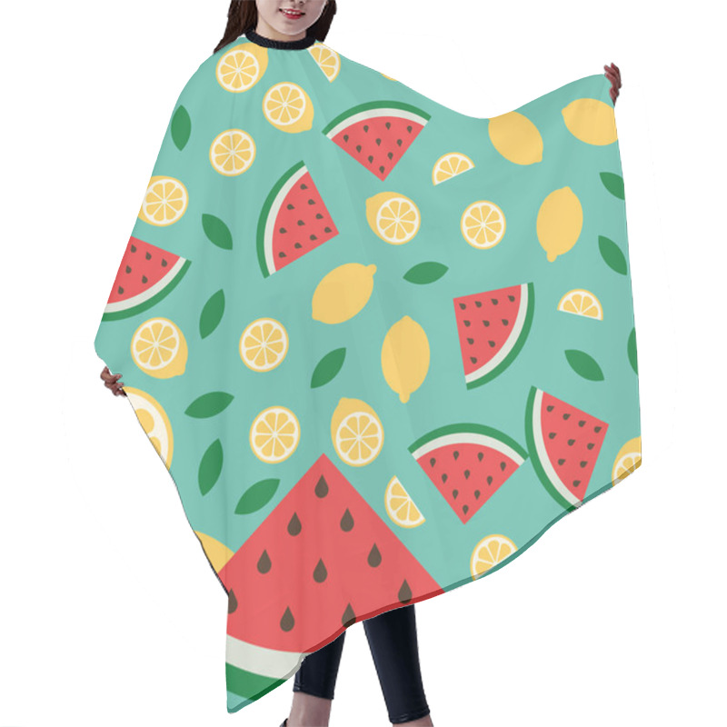 Personality  Watermelon And Lemon Citrus Vector Fun Pattern. Fruits On Green Mint Background Hair Cutting Cape