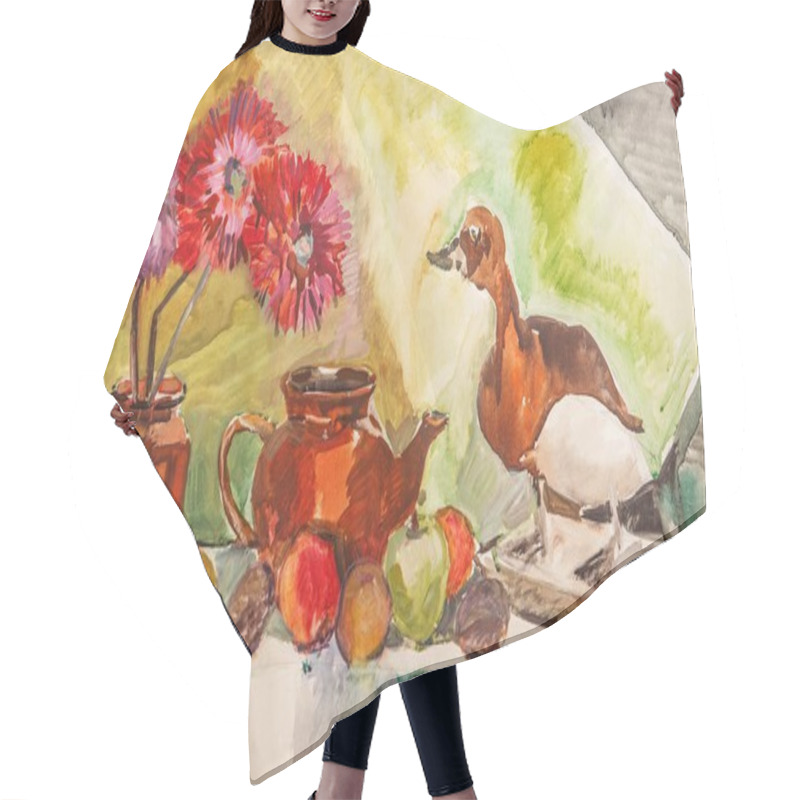 Personality  Illustration With A Teapot, Flowers, Fruits And Stuffed Duck Hair Cutting Cape