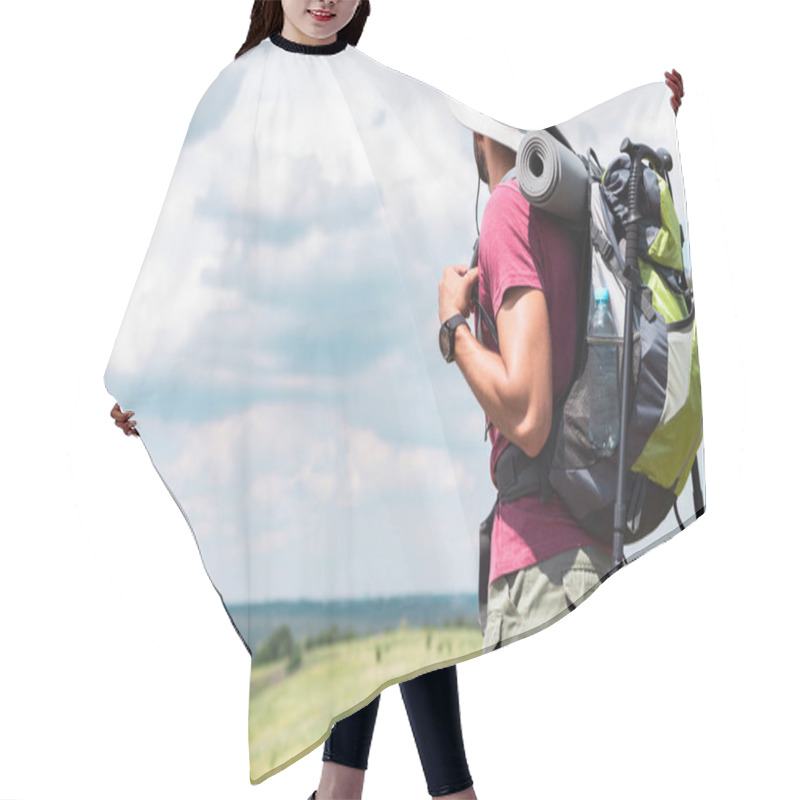 Personality  Male Traveler In Hat With Backpack And Tourist Mat Looking At Summer Meadow Hair Cutting Cape