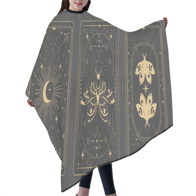 Personality  Tarot Reverce Border Magic Sacred Cover Card Frame Gold Line Border Celelstial Mystery Esoteric Decoration With Moth Stars And Moon On Dark Background. Vector Illustration Hair Cutting Cape