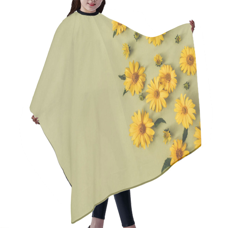 Personality  Flat Lay Yellow Daisy Flower Buds. Top View. Hair Cutting Cape