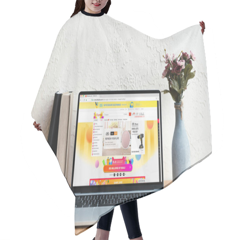 Personality  Laptop With Aliexpress Website On Screen, Books And Flowers In Vase On Wooden Table Hair Cutting Cape