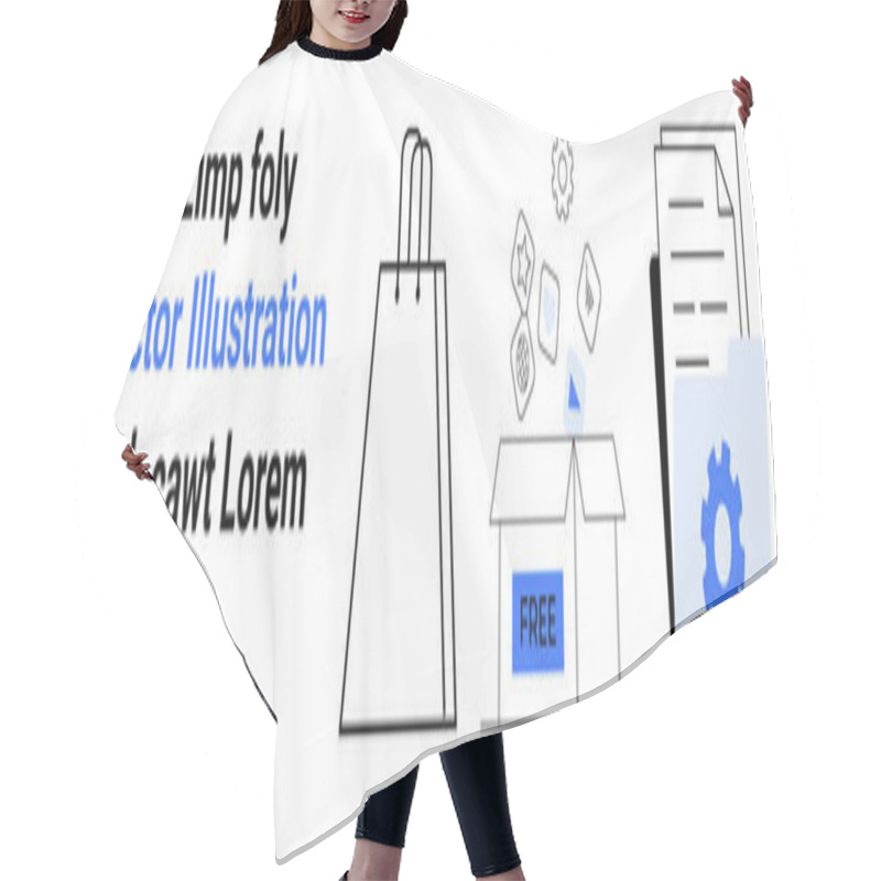 Personality  Shopping Bag, Open Box With Floating Icons, Gear Settings, And Files Representing E-commerce Elements. Ideal For Online Shopping, Business Settings, Digital Marketing, Product Packaging, Logistics Hair Cutting Cape