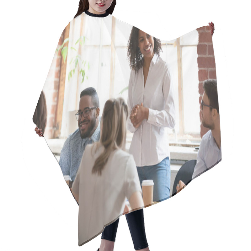 Personality  Diverse Company Staff At Modern Conference Room Before Seminar Hair Cutting Cape