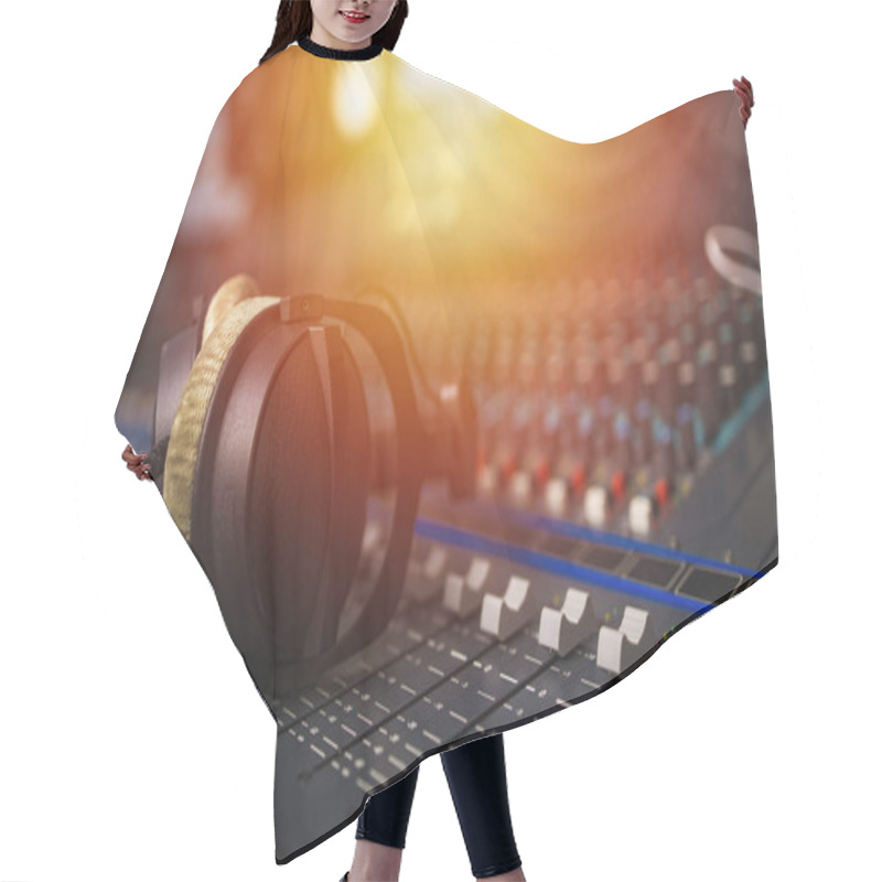 Personality  Recording Room,Compression Room, Music On Sound Mixer In Recording Studio.Close Up Shot Of Audio Producer Working In Music Recording Studio, Uses Mixing Board Create Modern Song. Sound Recording Room. Hair Cutting Cape