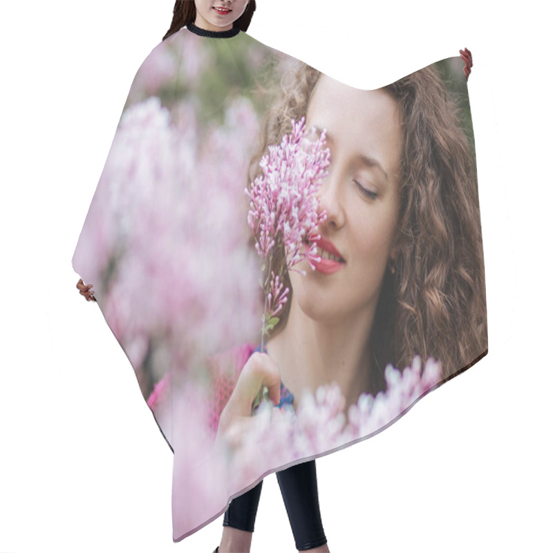 Personality  Woman Around A Lilac Pink Flowers Tree In A Spring Garden Hair Cutting Cape