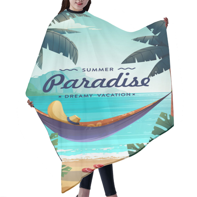 Personality  Tropical Paradise Poster. Seaside View With A Hammock And Palms. Summer Vacation Concept Background. Vector.  Hair Cutting Cape