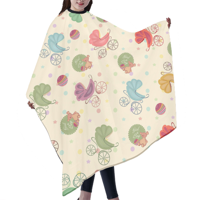 Personality  Color Seamless Children Background Of  Stars, Circles, Different Strollers, Bear .  Hair Cutting Cape