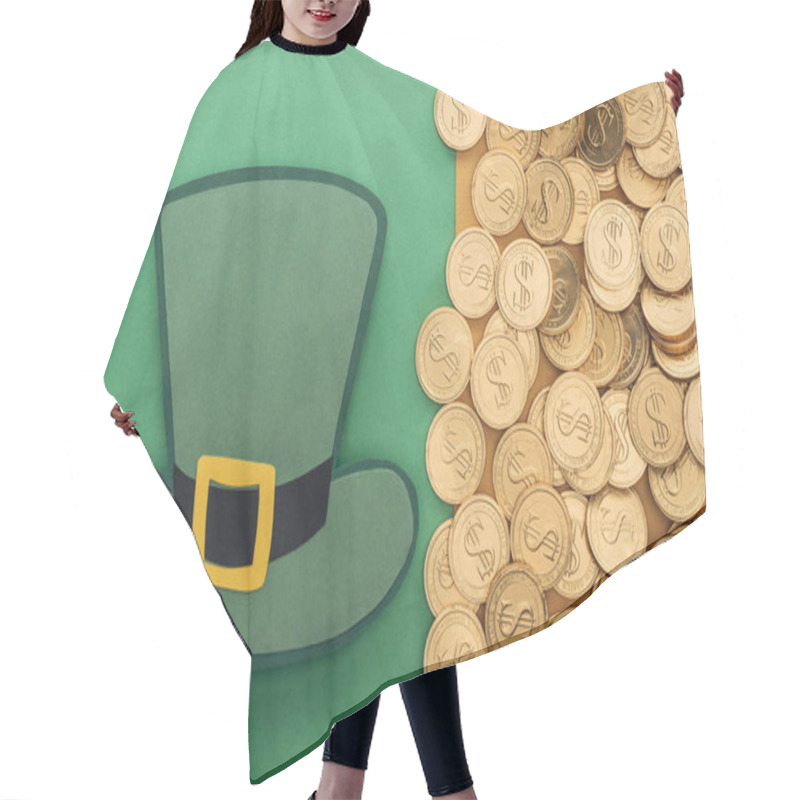 Personality  Top View Of Golden Coins With Dollar Signs And Paper Hat On Green And Orange Background, St Patrick Day Concept Hair Cutting Cape