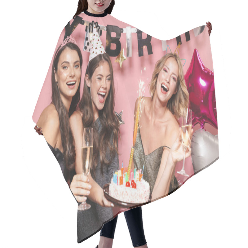 Personality  Image Of Joyful Party Girls Holding Birthday Cake And Champagne  Hair Cutting Cape