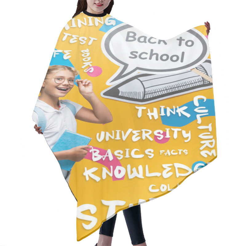 Personality  Schoolchild With Backpack And Eyeglasses Standing Beside Speech Bubble With Back To School Lettering And Paper Craft On Yellow  Hair Cutting Cape