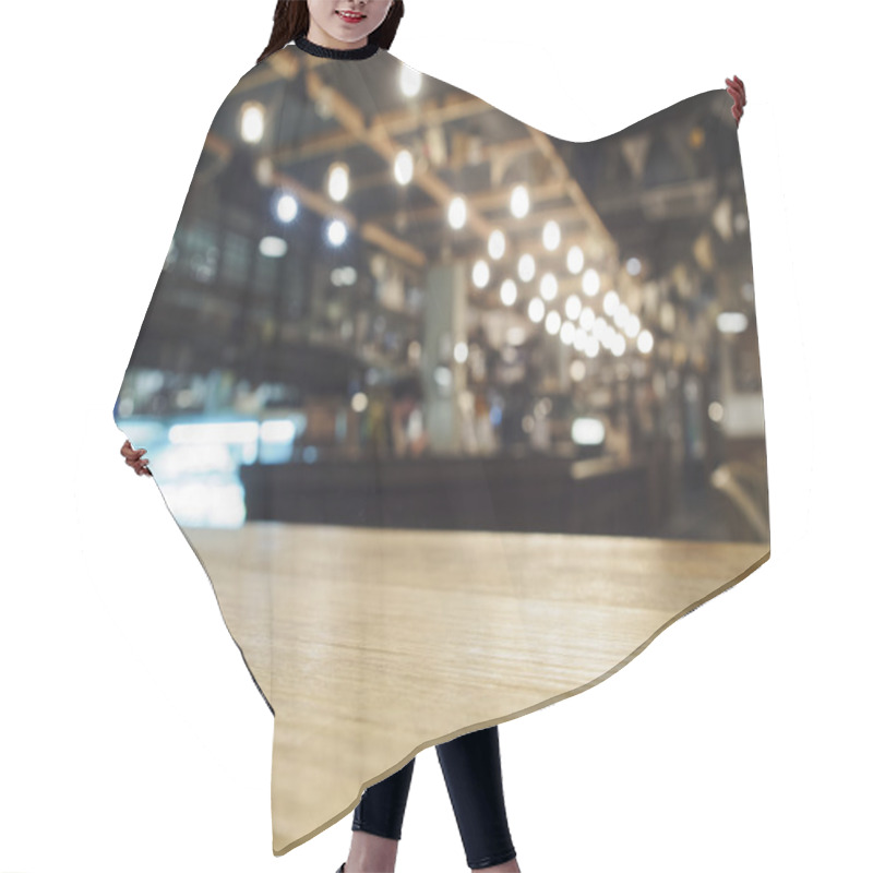 Personality  Top Of Wooden Table With Bar Blurred Restaurant Cafe Background Hair Cutting Cape