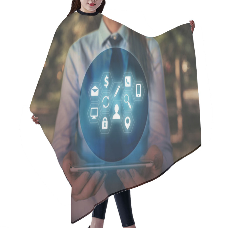 Personality  Female Human Presenting A Presentation Using The Latest Sophisticated Devices. Woman Wear Formal Working Suit Introducing How Smart Gadget Works. Photo Of Modern Life. Hair Cutting Cape