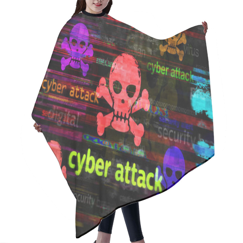 Personality  Cyber Attack With Skull Symbol Technology Concept. Abstract Sign On Glitch Screens 3d Illustration. Hair Cutting Cape