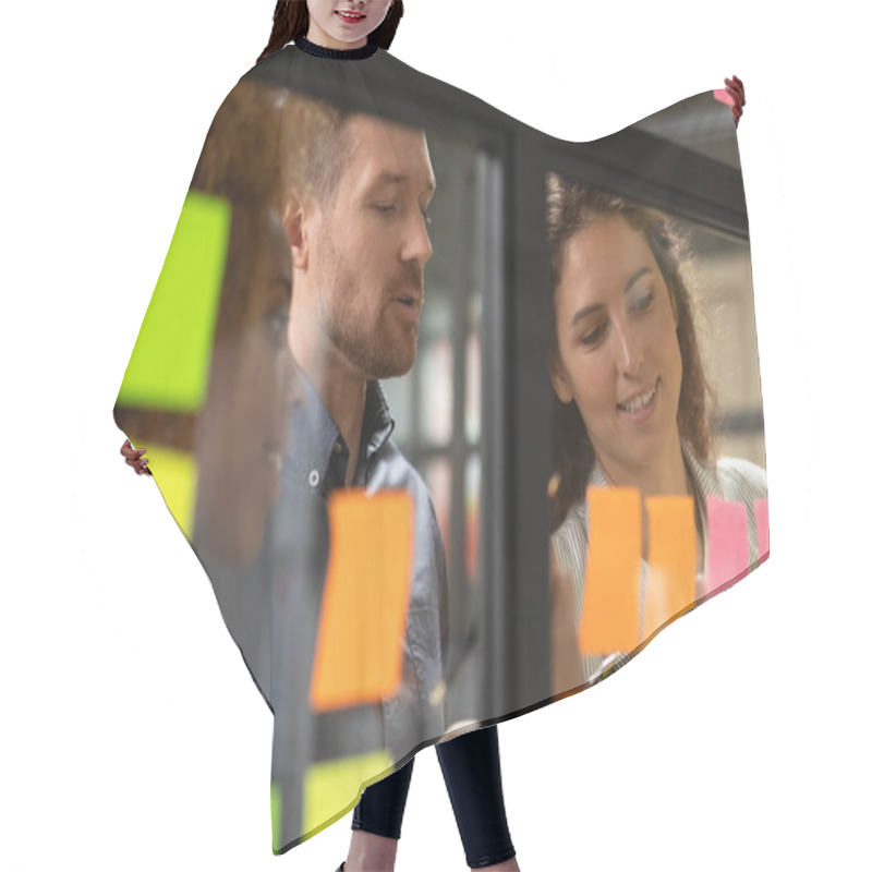 Personality  Close Up Headshot Smiling Diverse Colleagues Working Near Kanban Board. Hair Cutting Cape