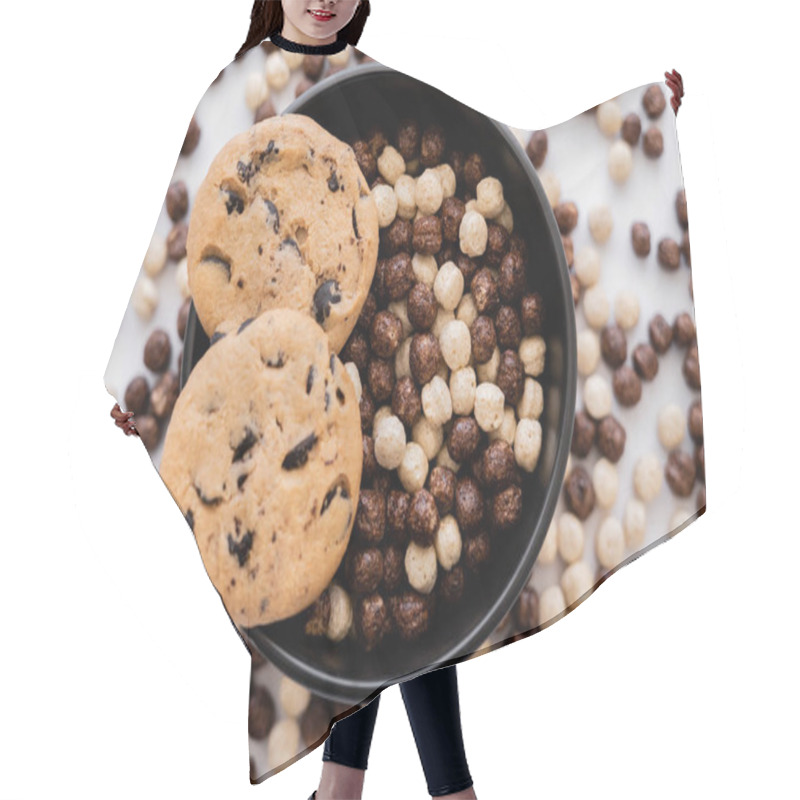 Personality  Top View Of Chocolate Chip Cookies On Top Of Bowl With Cereal Balls Isolated On White  Hair Cutting Cape