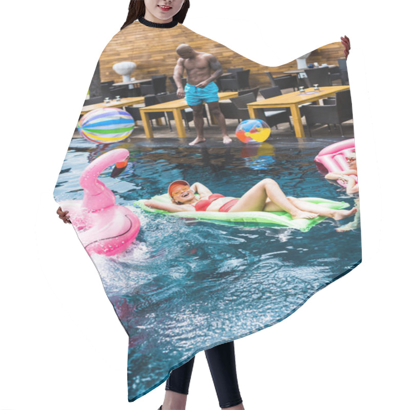 Personality  Smiling Women Resting On Inflatable Mattresses In Swimming Pool  Hair Cutting Cape