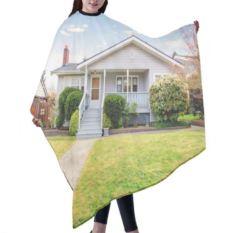 Personality  Small American Home With Light Exterior And White Trim. Hair Cutting Cape