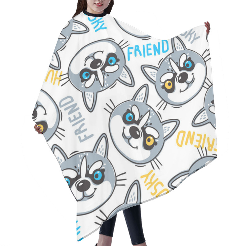 Personality  Fashionable Seamless Pattern With Dogs Husky Noses Puppies And Inscriptions Friend. Vector Illustration In Cartoon Style. Hair Cutting Cape